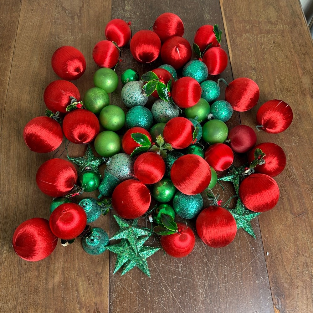 Bundle 64 Vintage Silk Wrapped Shiny Brite Glitter Green Red Christmas Ornaments